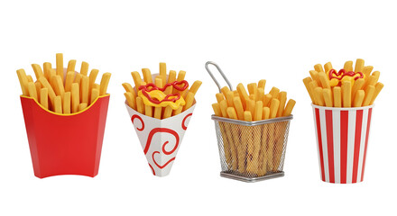 Delicious French Fries Served in Various Containers Rendered 3D Illustration