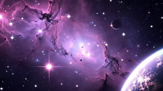 Pastel Nebula with Shimmering Stars and Distant Planets