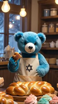 A cheerful blue bear greets visitors in a warm bakery filled with an assortment of delicious pastries and colorful cupcakes. Soft lighting enhances the welcoming atmosphere.