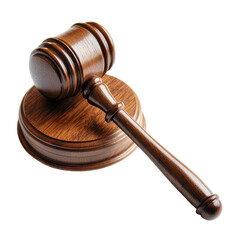 Fototapeta premium Brown wooden judges gavel on sound block justice law court isolated on a transparent background