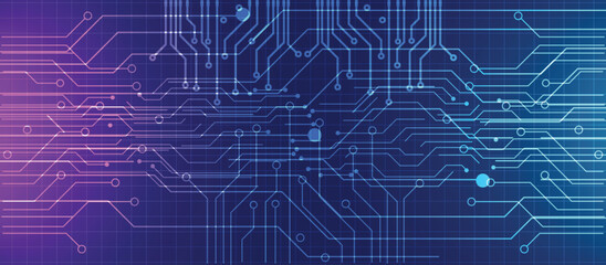Abstract digital circuit board background with neon blue and purple lines for technology and innovation themes.