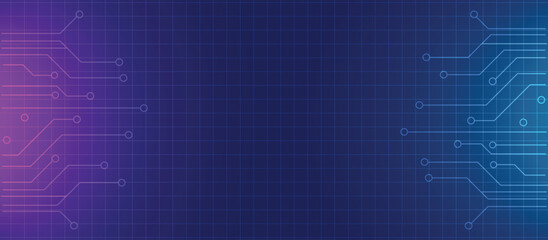 Abstract digital circuit board background with neon blue and purple lines for technology and innovation themes.