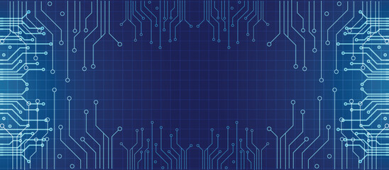 Abstract digital circuit board background with neon blue and purple lines for technology and innovation themes.