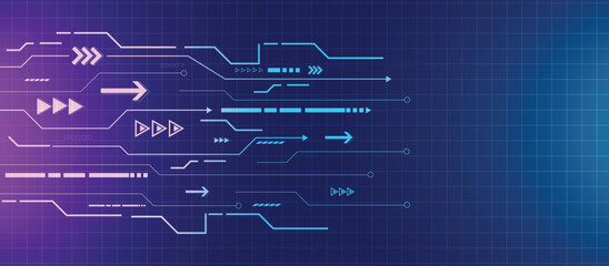 Abstract digital circuit board background with neon blue and purple lines for technology and innovation themes.