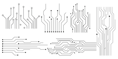 Set of abstract black circuit lines and nodes on white background, ideal for tech, electronics, and digital