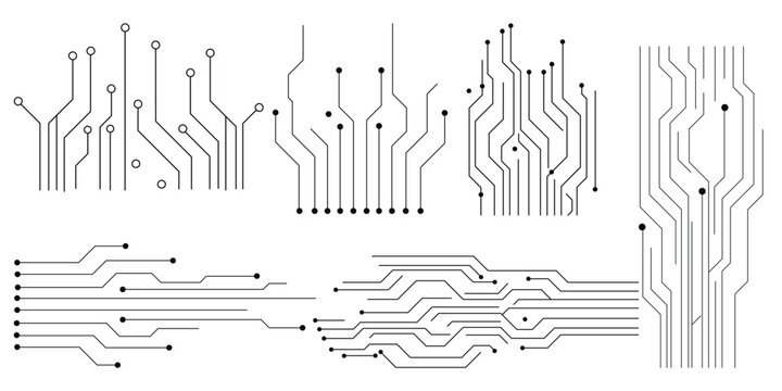 Set of abstract black circuit lines and nodes on white background, ideal for tech, electronics, and digital