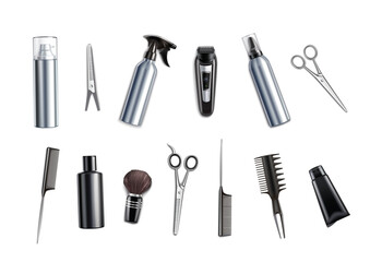 Various hair dresser and cut tools, Salon tool, set of makeup brushes, beauty salon on white background