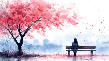 Tranquil scene of a person sitting on a bench under a blooming cherry blossom tree.