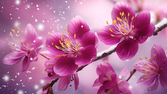 Pink Flowers Snow Soft Background Blossom Spring image