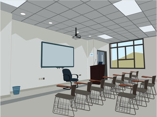 Modern Classroom Interior - Empty Lecture Theatre with Student Desks