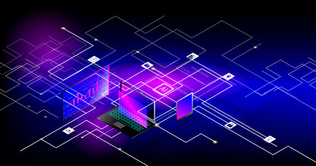 The concept of artificial intelligence technology. Mobile phones work together with  technology to help send and receive information,Vector  fantastic style