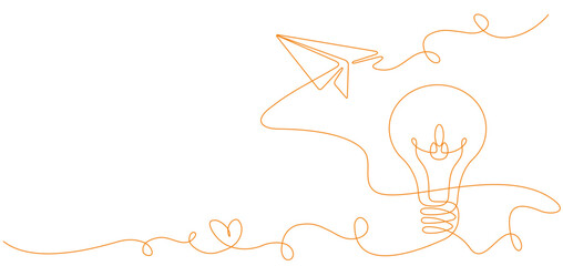 light bulb with flying paper airplane drawn with continuous line. Linear symbol of education and lighting