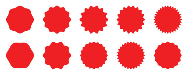 Set of red starburst badges. Wiggly Frame for Template, Stickers, Stamp, offer sale tag, discount offer price sticker. Promo Design, Web Design and Social Media. 