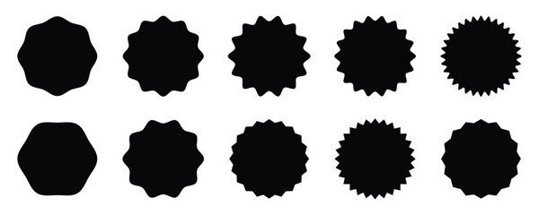 Sunburst badges, vector starburst, Black Sunburst Promo Tags. Zig zag Wavy Edge Circle Shapes Set. Vector Jagged Geometric Round Forms. 