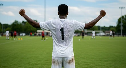 African american man, back view, standing on a football field with arms raised in triumph and the number one on his shirt.