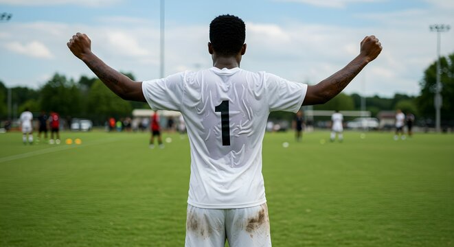 African american man, back view, standing on a football field with arms raised in triumph and the number one on his shirt.