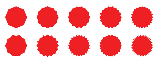 Circle sticker set. Wavy edge promo red badges. Star burst shape tags for price. Blank sale stickers. Set of vector starburst, sunburst badges. Vector set of starburst,