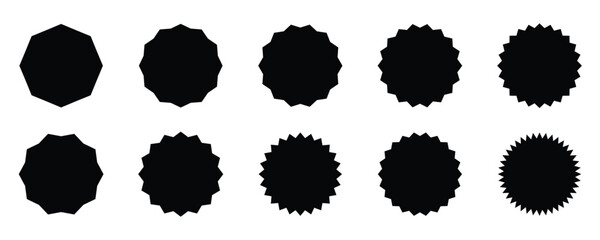 Star burst shape tags for price. Blank sale stickers. Set badge shape. Isolated sale promo pricetags. Circle sticker set. Wavy edge promo black badges.