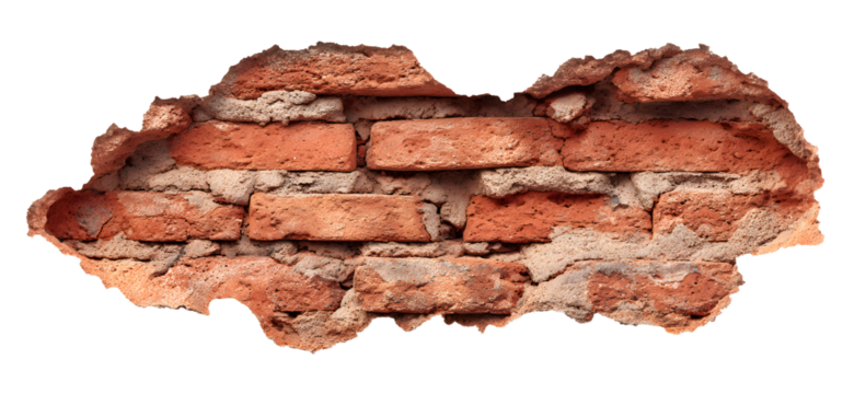 Cracked red brick wall fragment, isolated on transparent cutout background