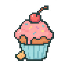 Fototapeta premium Retro pixel art cupcake with tilted shape, dripping frosting, scattered sprinkles, and a bite revealing cake texture — perfect for dessert icons or game UI