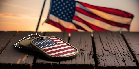Dog tags on weathered wood with flag at sunset

