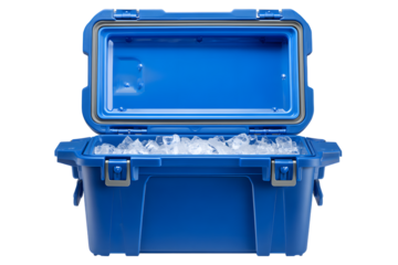 Blue portable ice chest cooler box opened and isolated on transparent background, ready for summer