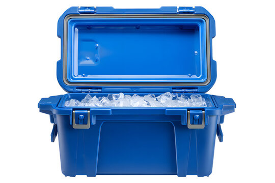 Blue portable ice chest cooler box opened and isolated on transparent background, ready for summer