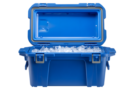 Blue portable ice chest cooler box opened and isolated on transparent background, ready for summer
