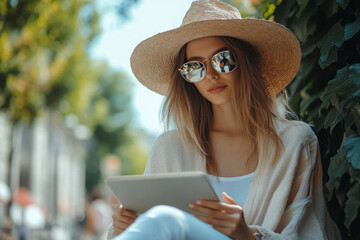 Woman in sunglasses and straw hat using a tablet on a sunny beach.