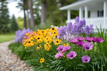 Obraz premium Colorful flowers blooming in a garden bordering a gravel path