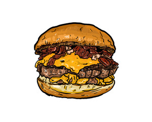 Vintage Cheeseburger Illustration with Bacon – Hand Drawn Retro Style.