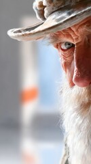 Close-up Portrait of Weathered Elderly Man with Snowy Beard