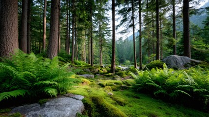 Fototapeta premium Lush green forest floor with ferns and moss growing