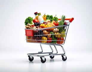 Overflowing Shopping Cart with Fresh Produce and Dairy on White Background