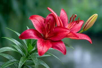 Red lilies blooming in the garden with water drops