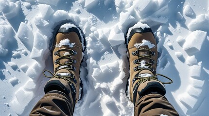 Close-up of hiker's brown winter boots in deep fresh snow during cold mountain trek in sunlight. Rugged outdoor footwear and footprints in icy conditions.