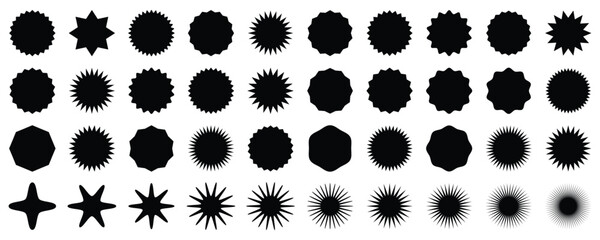 Starburst promotional badge set, shopping labels, Set of black price sticker, sale or discount sticker, Zig zag Wavy Edge Circle, Stars shape with different number of rays. Special offer price tag. 