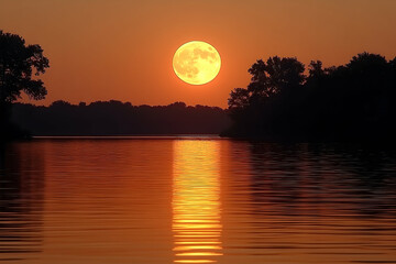 Fototapeta premium Orange moonrise over calm water silhouetted trees