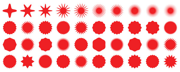 Circle sticker set. Wavy edge promo red badges. sale or discount sticker, sunburst badges icon. Stars shape with different number of rays. Special offer price tag. Zig zag Wavy Edge Circle Shapes. 