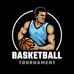 Logo of a basketball player with a ball in his hands on dark background.