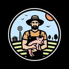 A farmer holding a piglet in his hands against the background of a farm. Logo, emblem on dark background.