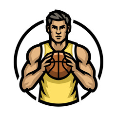 Logo of a basketball player with a ball in his hands.