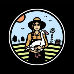 A girl farmer with a goose in her hands against the background of a farm. Logo, emblem on dark background.