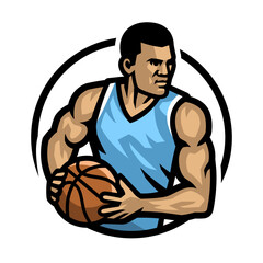 Logo of a basketball player with a ball in his hands.