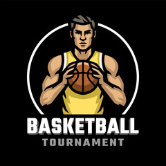 Logo of a basketball player with a ball in his hands on dark background.