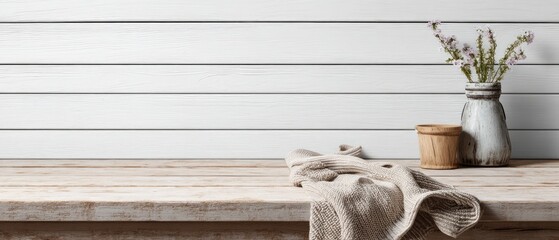 Rustic wooden table with linen cloth, wildflowers in a vase, and small wooden container against a white wood plank wall