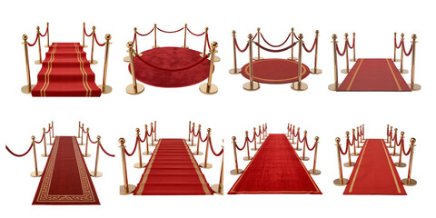 Elegant Red Carpet Entrance Designs with Golden Stanchions for Events and Award Ceremonies, transparent background