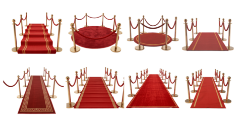 Elegant Red Carpet Entrance Designs with Golden Stanchions for Events and Award Ceremonies, transparent background