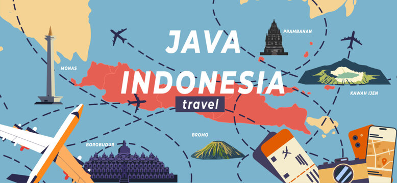 Java island travel illustration map 