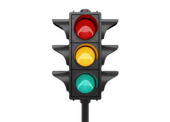 Traffic light signal showing red yellow green lights against a transparent background ideal for safety transportation design